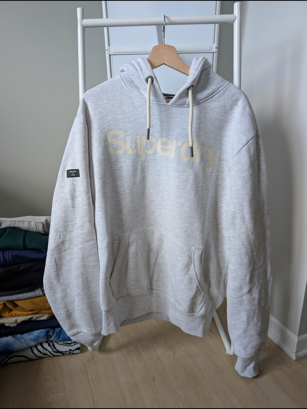 Superdry Light Heather Gray Logo Hoodie with Cream Drawstrings